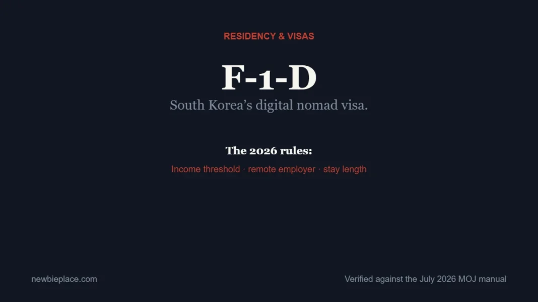 South Korea digital nomad visa F-1-D 2026 rules: income threshold, remote employer, stay length